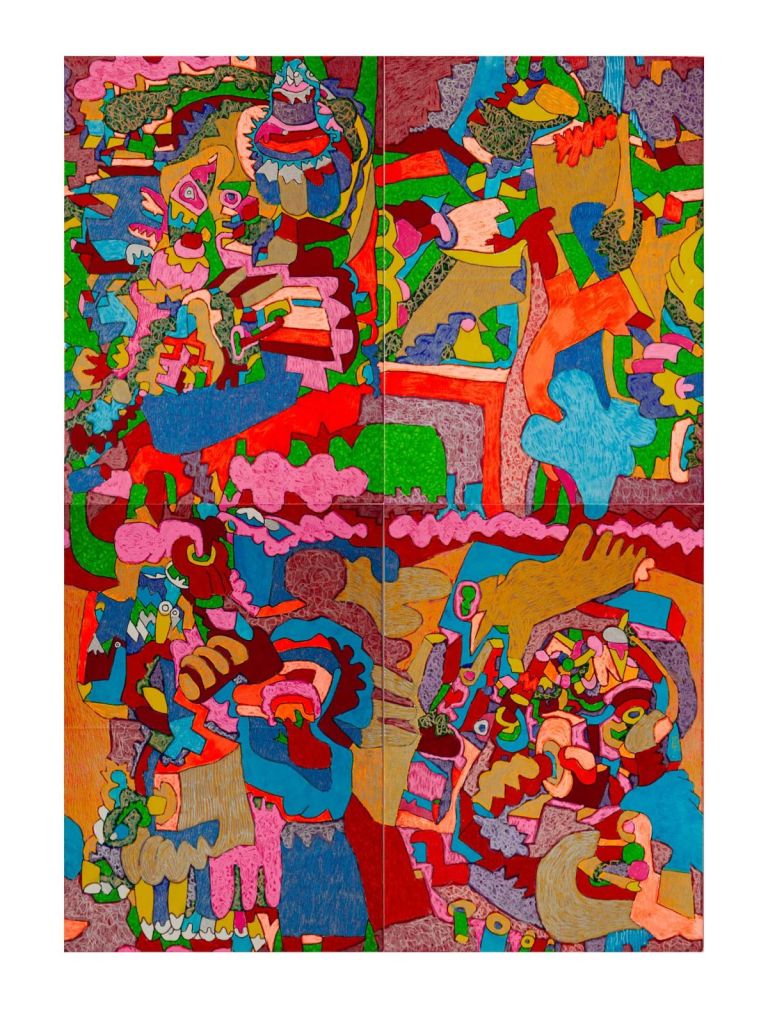 Alternative arrangement of the four original Tiled Landscape drawings in a rectangular formation. Large blue, ochre, orange and pink forms intersect with denser passages of small figures, faces, hands and patterned fragments