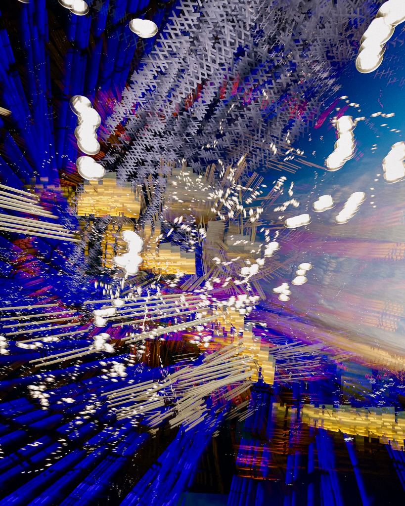Blue and violet abstract urban field with white clustered marks, glowing circular lights and gold rectangular fragments.