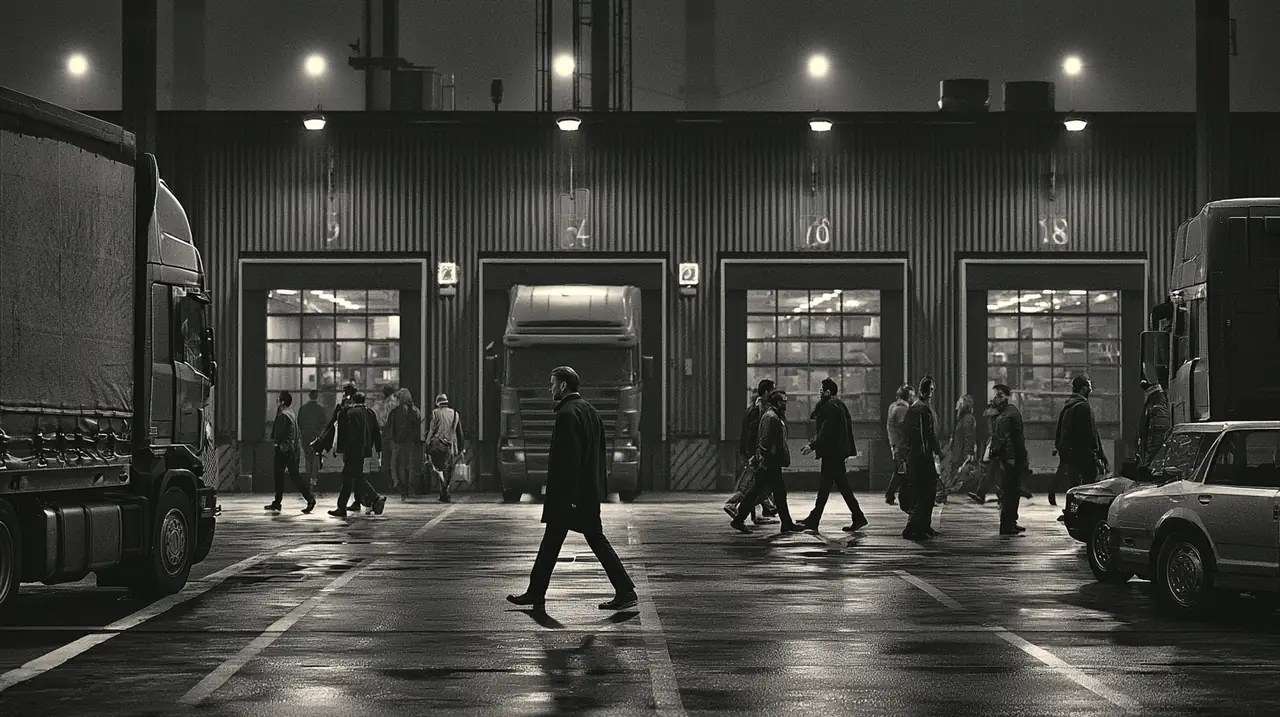 Midnight logistics yard showing business security camera system panoramic darkfighters low-light scene coverage vs competitors, trucks, wet reflections, and pedestrians.