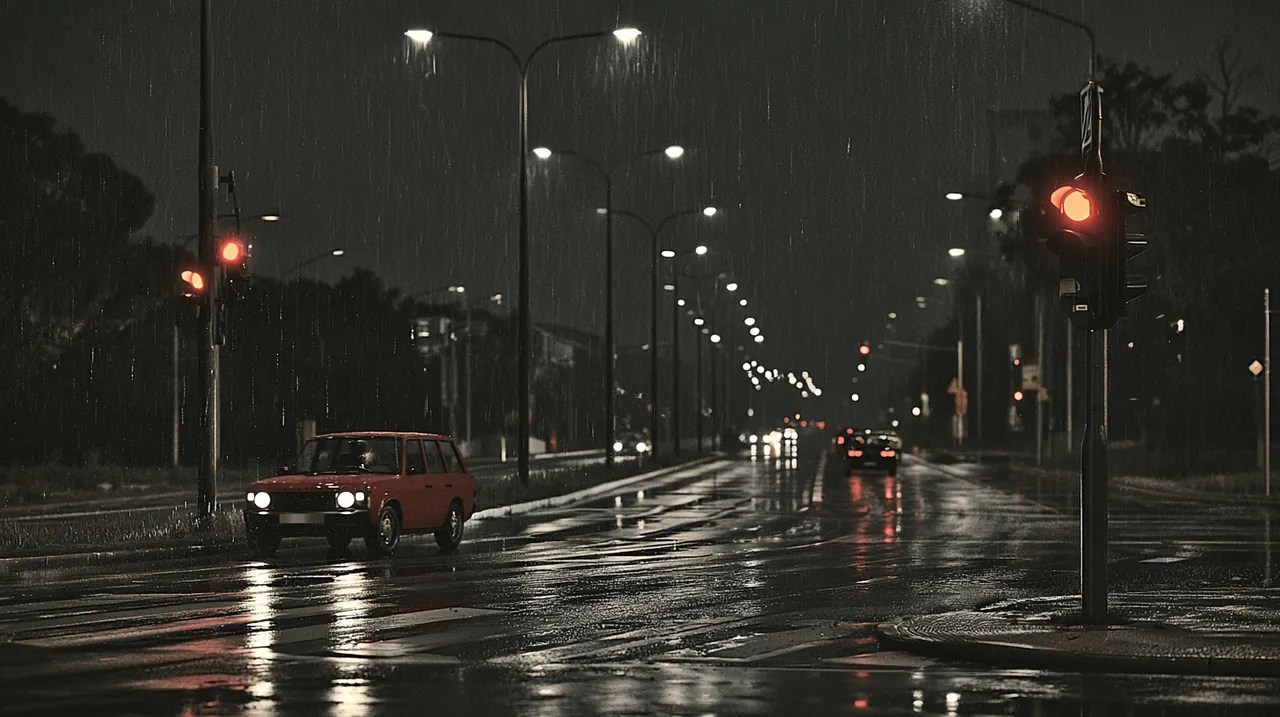 Night rain roadway with headlight glare shows DeepinViewX PTZ vs rival autonomous tracking implementation checklist 2026 low-light tracking.