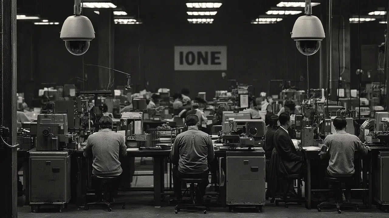 Factory line with overhead surveillance cameras, workers, and machinery, guanlan encoding vs competitor ai video bandwidth need based guide.