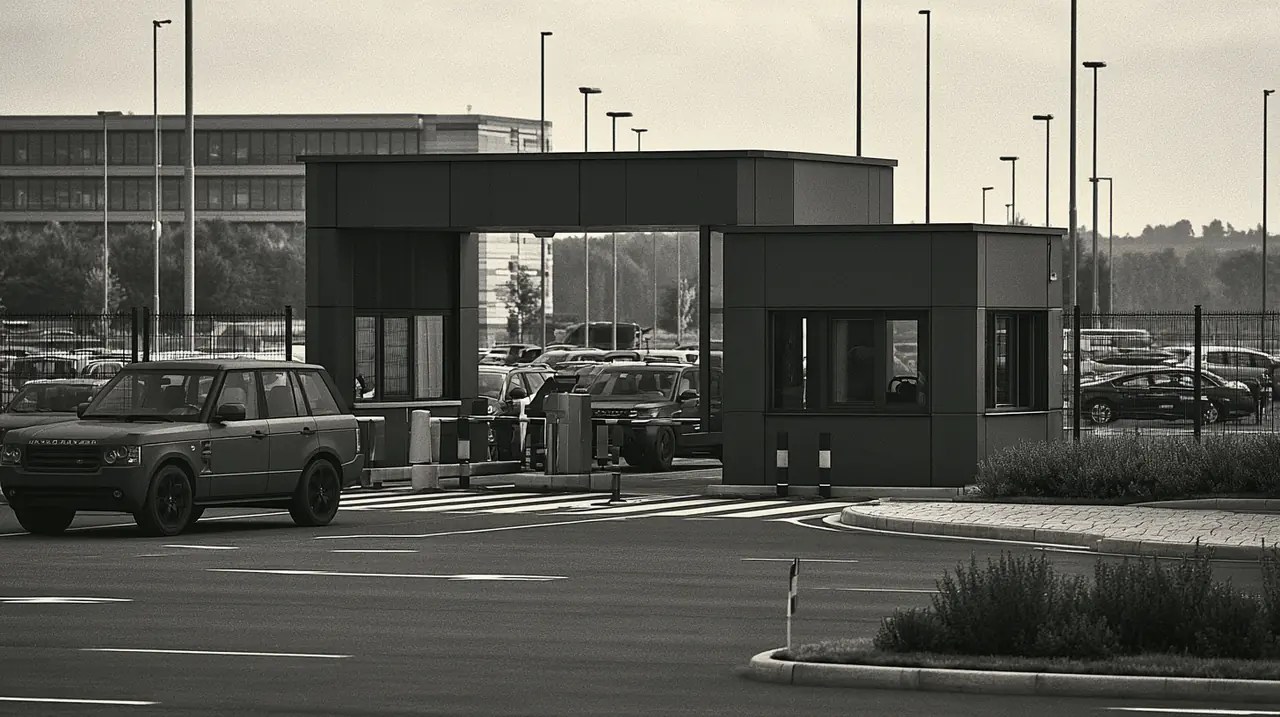 Office park gate with entering vehicles and stable background, guanlan encoding vs standard encoding overview 2026.