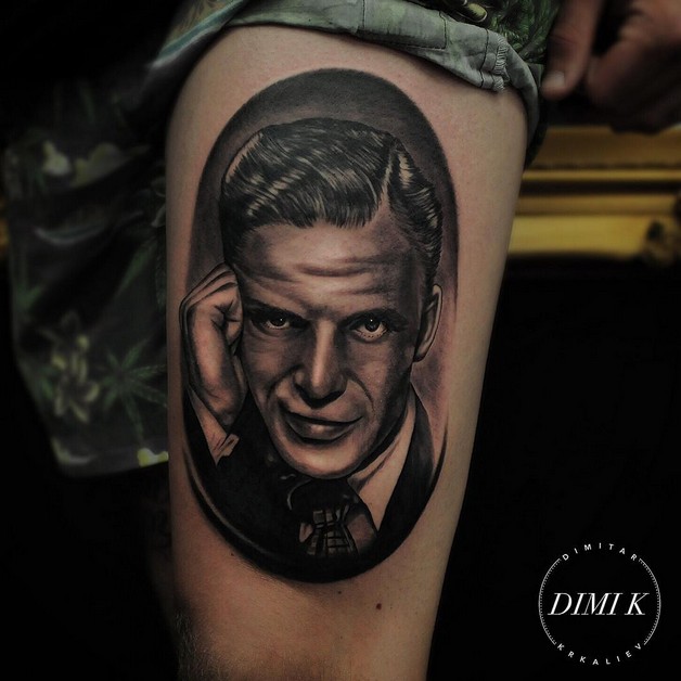 Grey Rabbit Face Portrait Tattoo On Foot