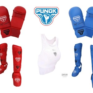 CONJUNTO LUVAS, PESEIRA+CANELEIRA (AZUL E VERMELHO) + PROTETOR PEITO FEMININO WKF