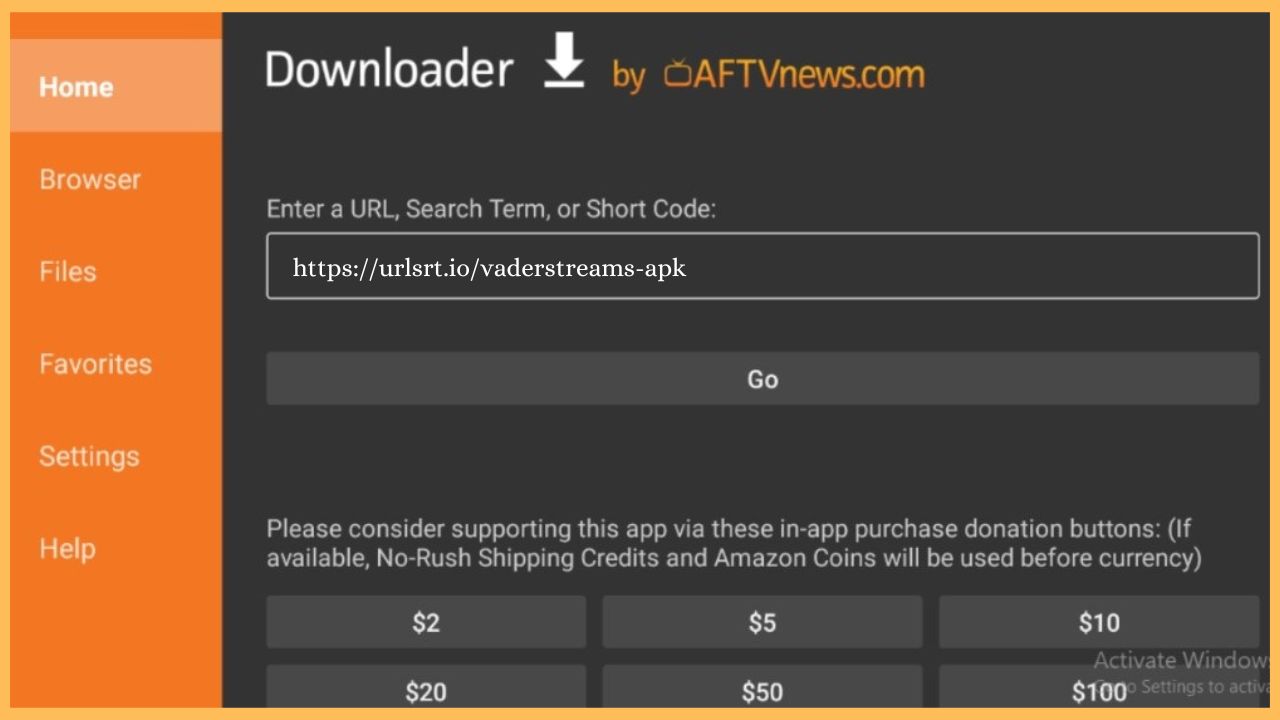 Paste the Vader Streams APK URL