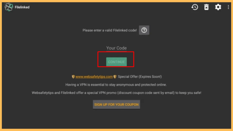 FileLinked Codes for Firestick - Select Continue