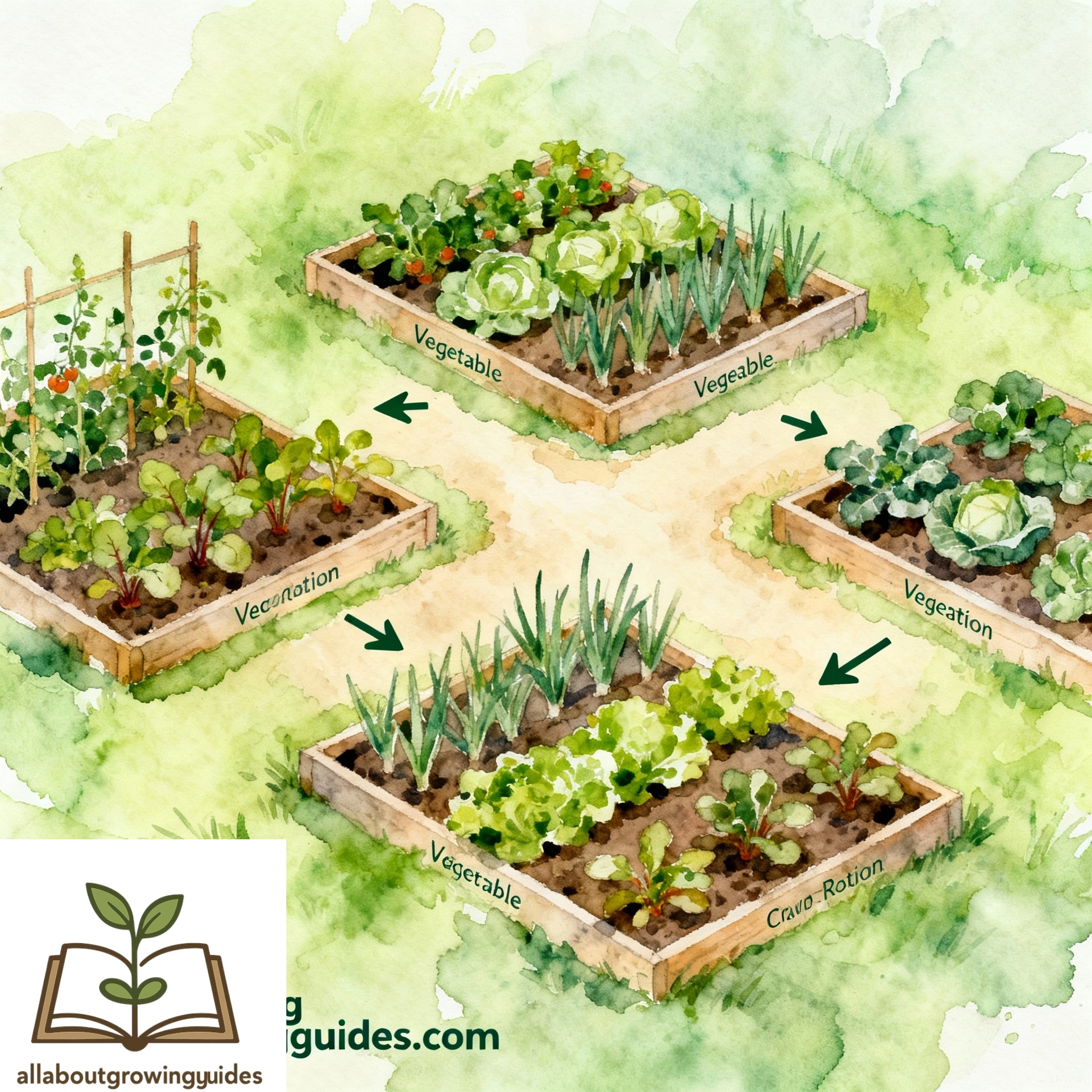 an illustration with four raised beds showing how to rotate crops
