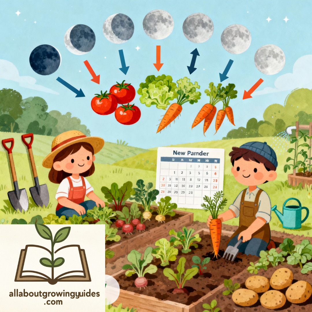 an illustration with two people planting by the moon