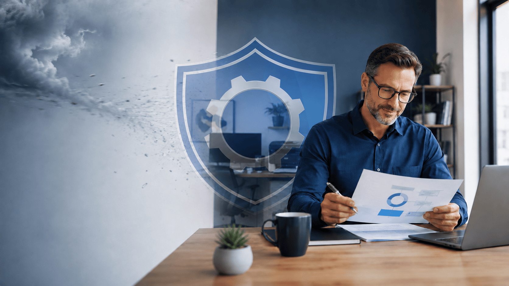 Business owner reviewing a proactive risk plan with All Assured Solutions protection branding