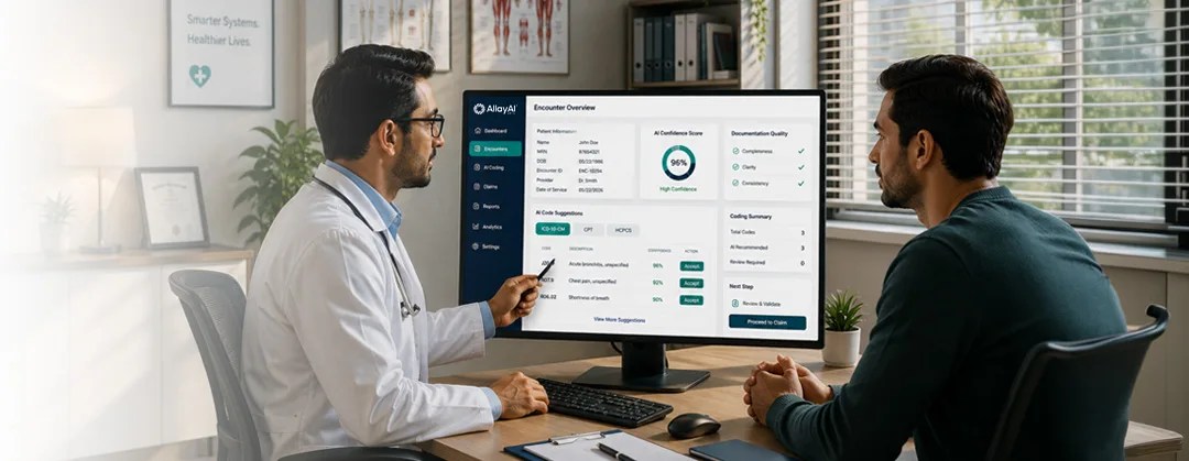 Physician and medical coder reviewing records on monitors