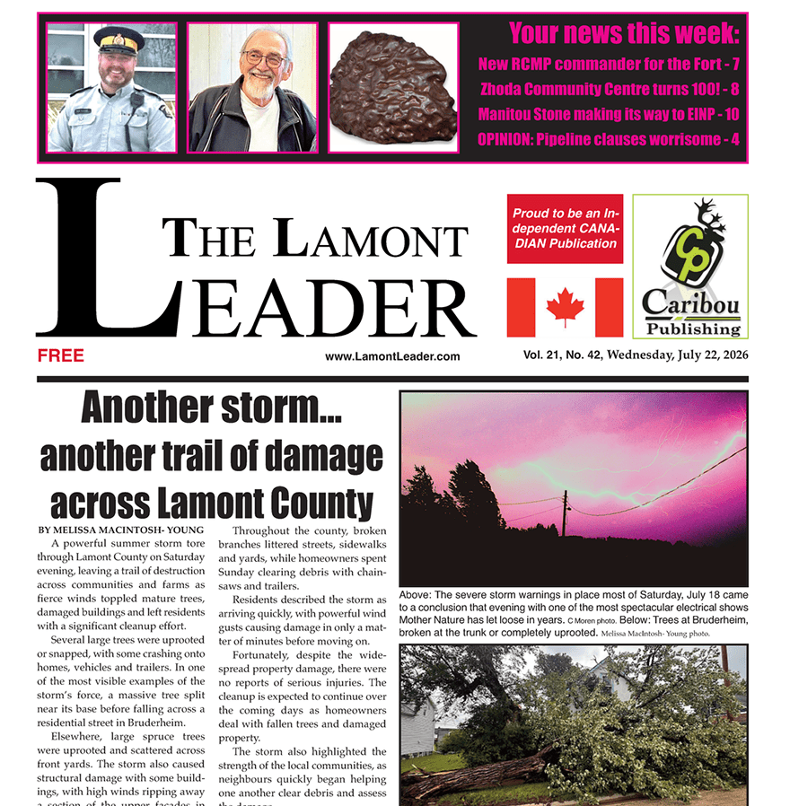 Another storm, another trail of damage across Lamont County – read the July 22 Leader here!