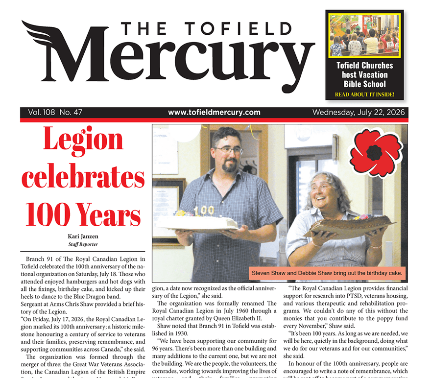 Royal Canadian Legion celebrates 100 years – read the July 22 Tofield Mercury