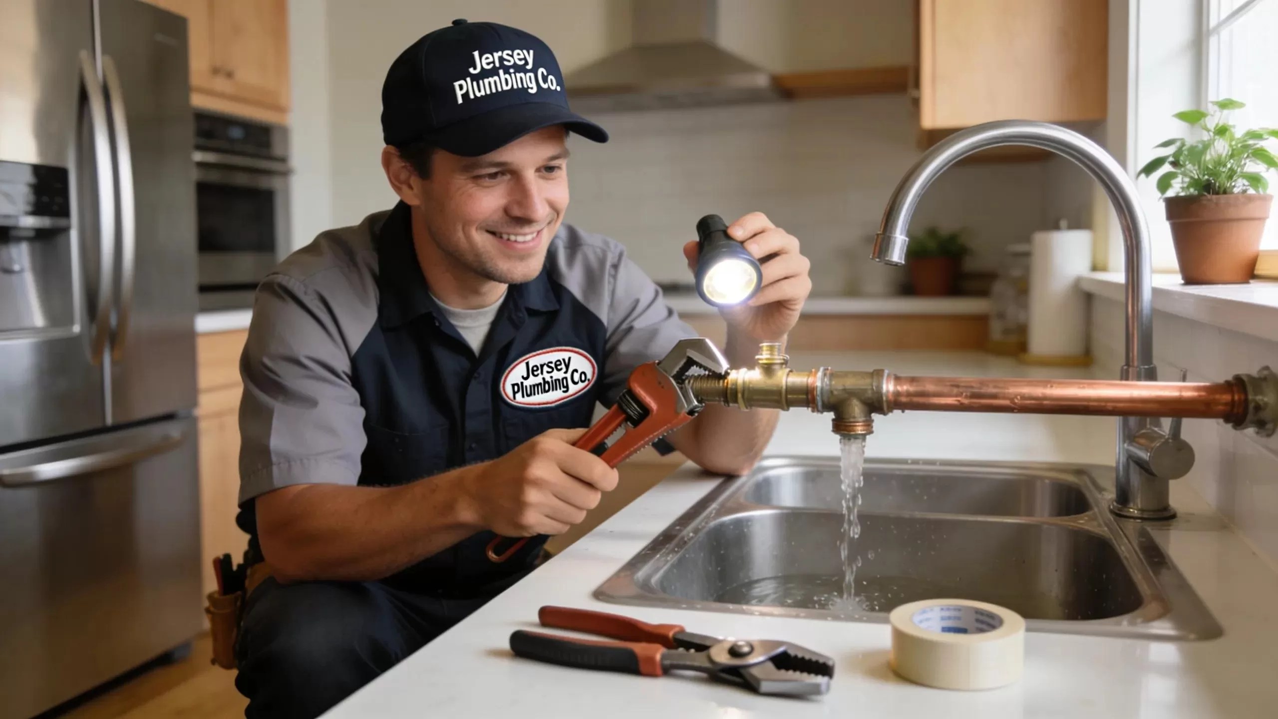 Professional plumber inspecting a leaking pipe in a NJ home