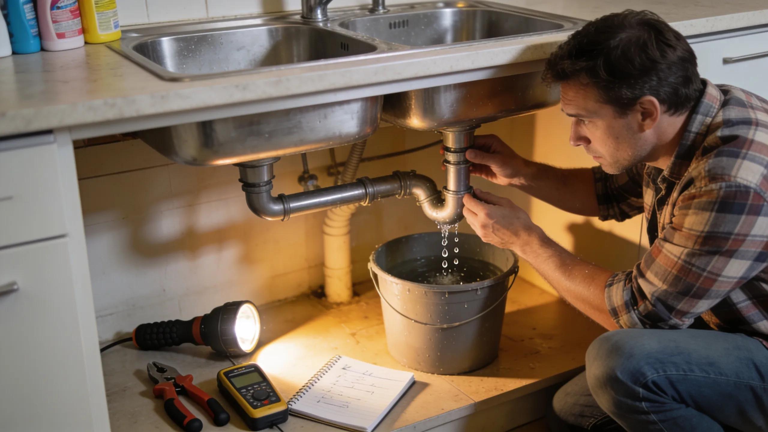 Homeowner inspecting a water leak under a sink with tools for detection
