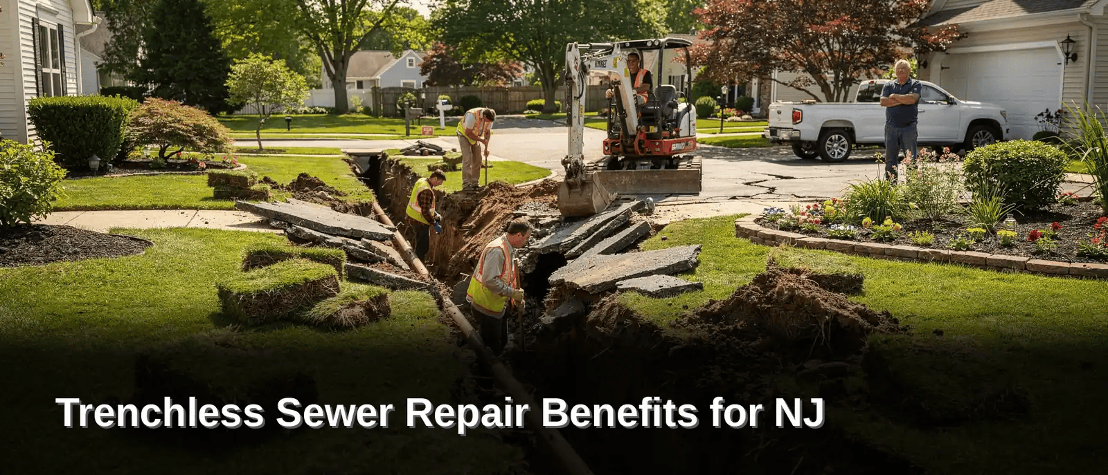 Open-trench excavation defines traditional sewer repair, and it tears up the yard in the process