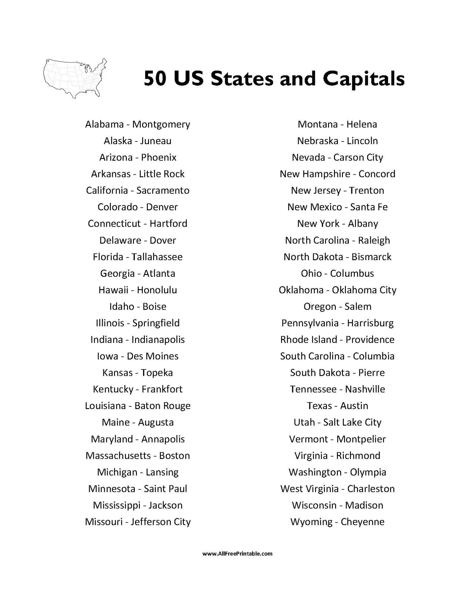 States And Capitals Printable Furtive Lst 50USSC.