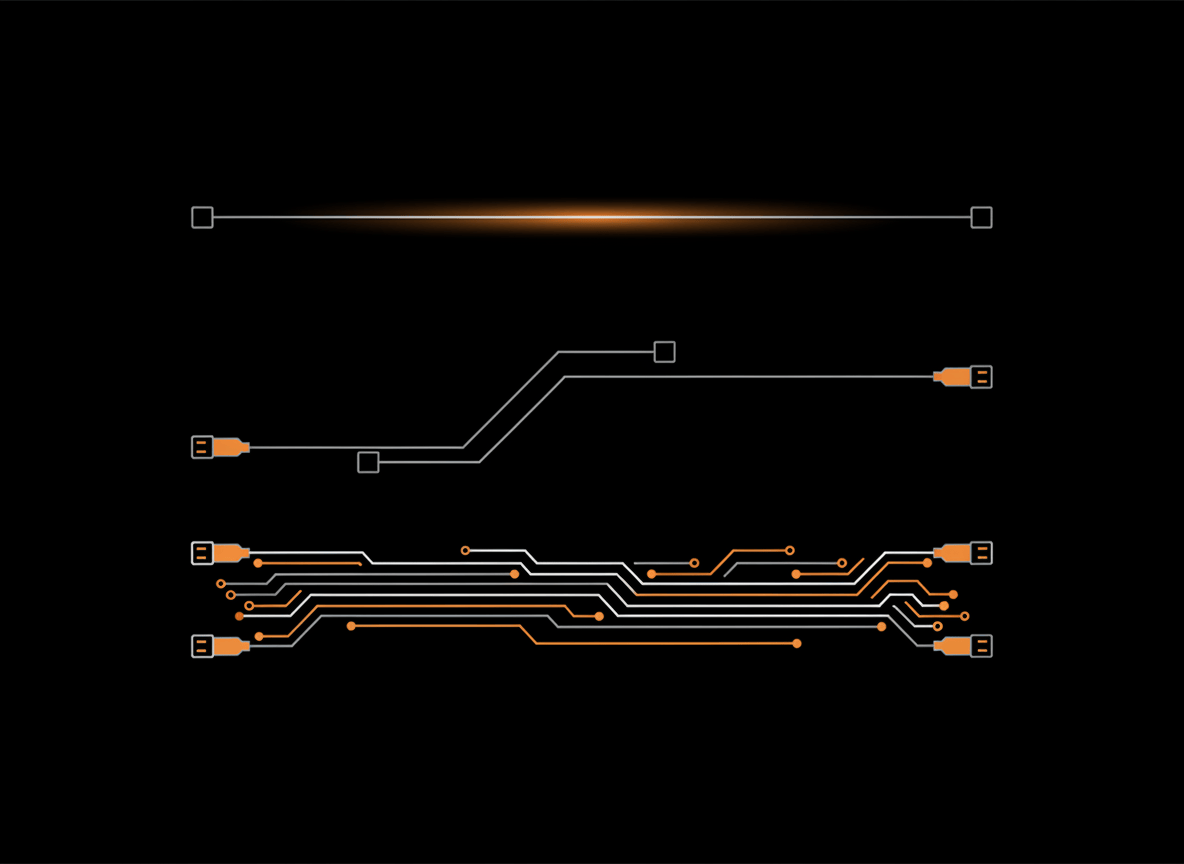 Abstract illustration of three horizontal connection paths of increasing complexity spanning between two small terminal nodes