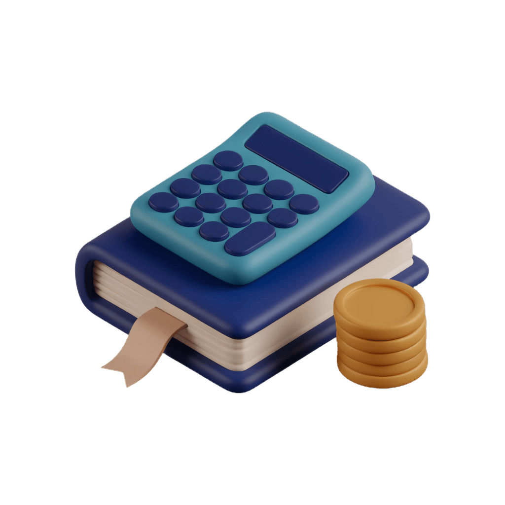 3D illustration of a ledger book, calculator, and stack of coins