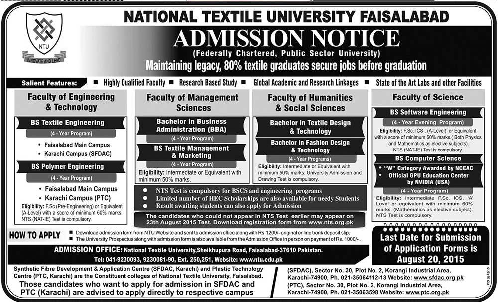 National Textile University Faisalabad BS 2015 Admissions
