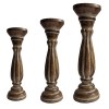 Taki Rustic Wooden Pillar Candle Holders Set of 3 - Distressed Brown - Handcrafted Wood & Iron - Tapered Design - Home Decor