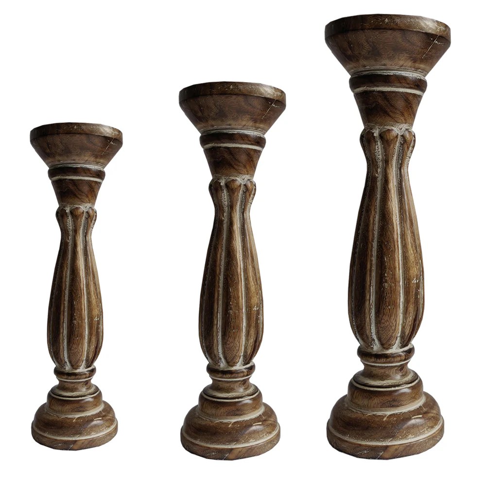Taki Rustic Wooden Pillar Candle Holders Set of 3 - Distressed Brown - Handcrafted Wood & Iron - Tapered Design - Home Decor