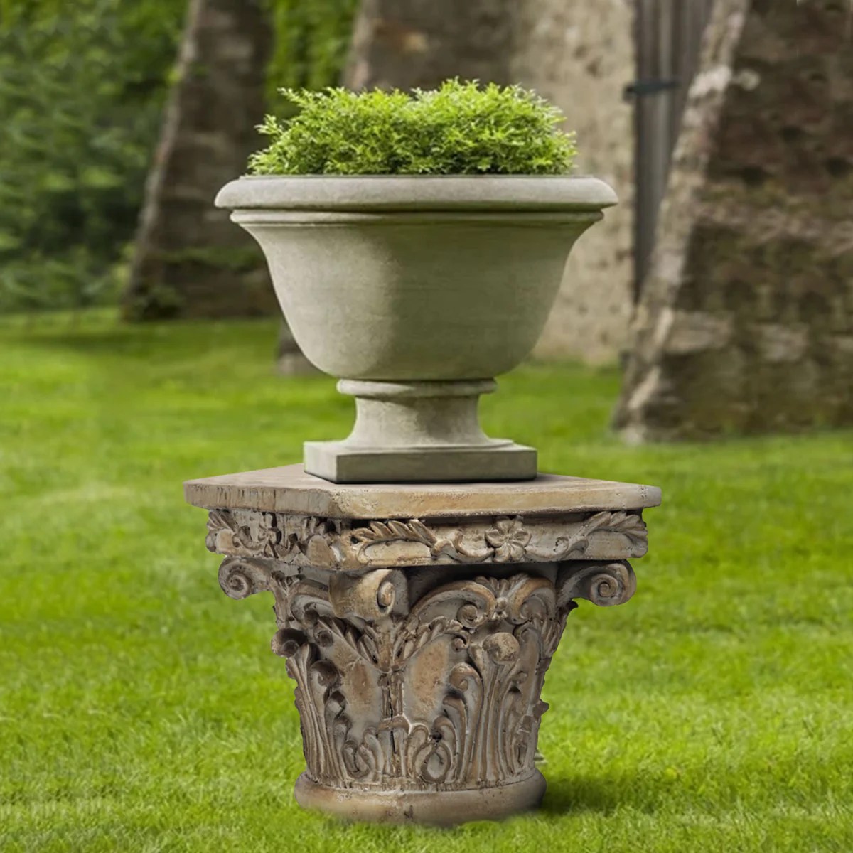 Traditional Resin Pedestal, Weathered Brown, Acanthus Leaf Scroll Design, Decorative Tabletop Stand, 10x10x9 Inches