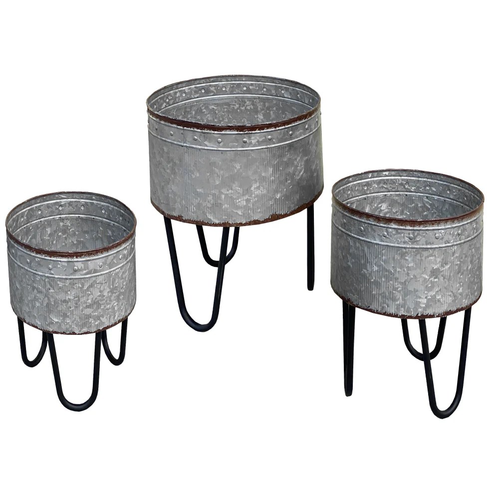 Galvanized Metal Planter Tub Set of 3 - Gray & Black Iron Hairpin Legs - Rustic Farmhouse Decor - Indoor/Outdoor