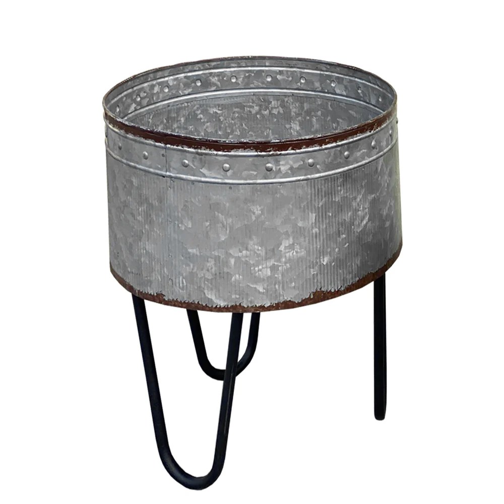 Galvanized Metal Planter Tub Set of 3 - Gray & Black Iron Hairpin Legs - Rustic Farmhouse Decor - Indoor/Outdoor