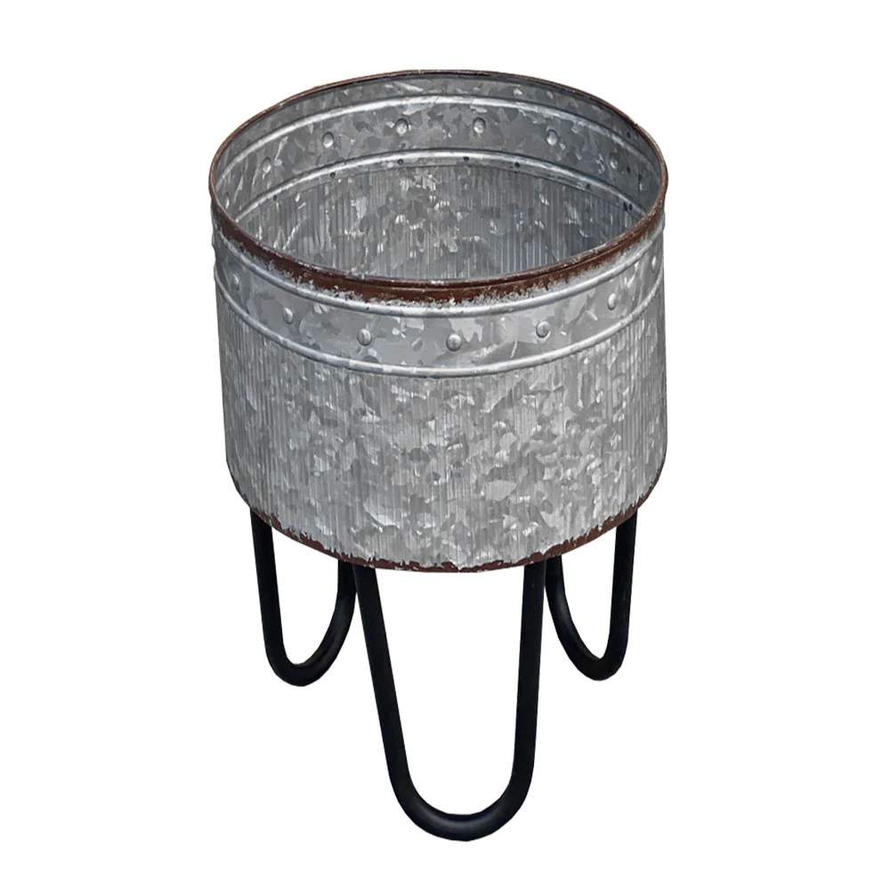 Galvanized Metal Planter Tub Set of 3 - Gray & Black Iron Hairpin Legs - Rustic Farmhouse Decor - Indoor/Outdoor