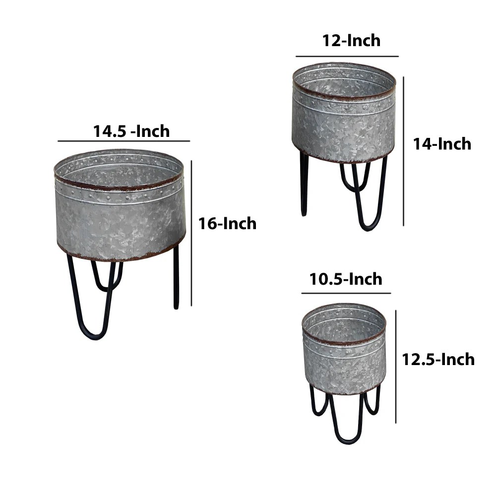 Galvanized Metal Planter Tub Set of 3 - Gray & Black Iron Hairpin Legs - Rustic Farmhouse Decor - Indoor/Outdoor