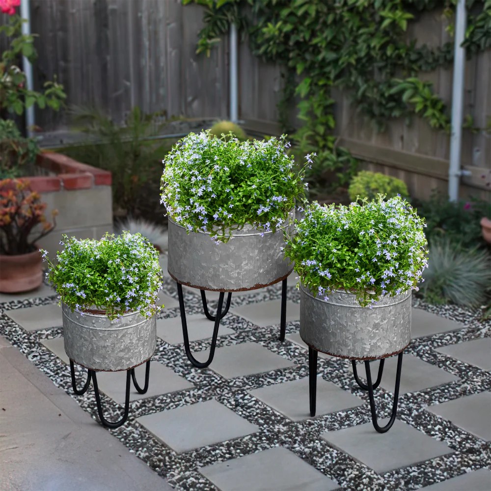 Galvanized Metal Planter Tub Set of 3 - Gray & Black Iron Hairpin Legs - Rustic Farmhouse Decor - Indoor/Outdoor