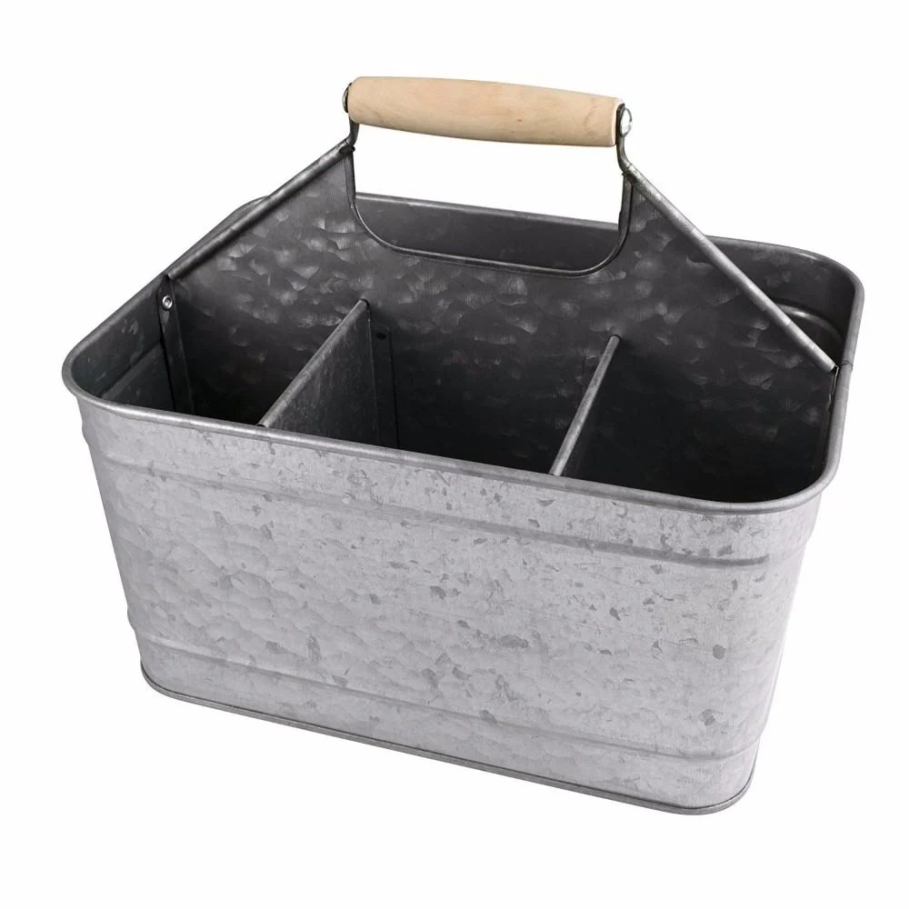 Galvanized Metal Serving Tray with Wooden Handle - 4 Compartment Carry-All Caddy for Kitchen, Patio, Dining - Gray