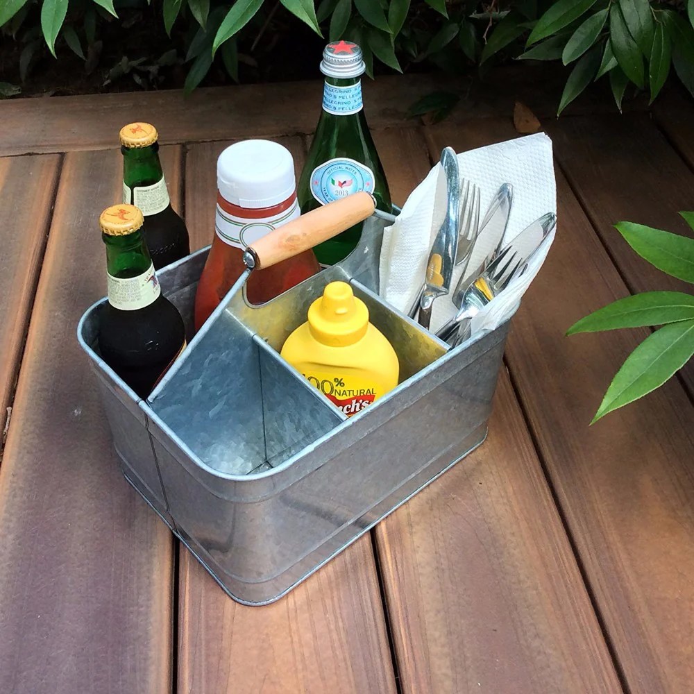 Galvanized Metal Serving Tray with Wooden Handle - 4 Compartment Carry-All Caddy for Kitchen, Patio, Dining - Gray