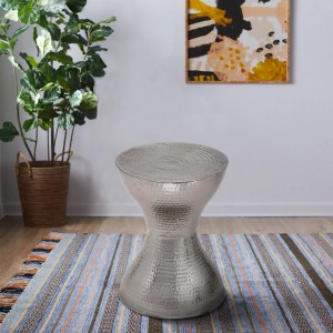 Industrial Hammered Iron Hourglass Stool - Silver Metal Accent Side Table, Footrest