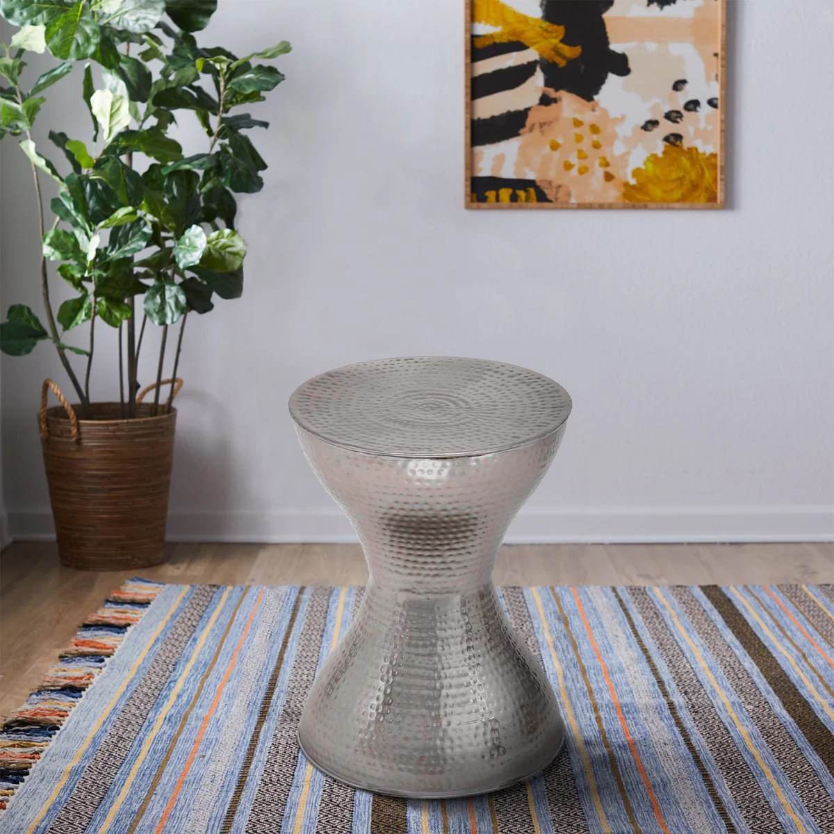 Industrial Hammered Iron Hourglass Stool - Silver Metal Accent Side Table, Footrest