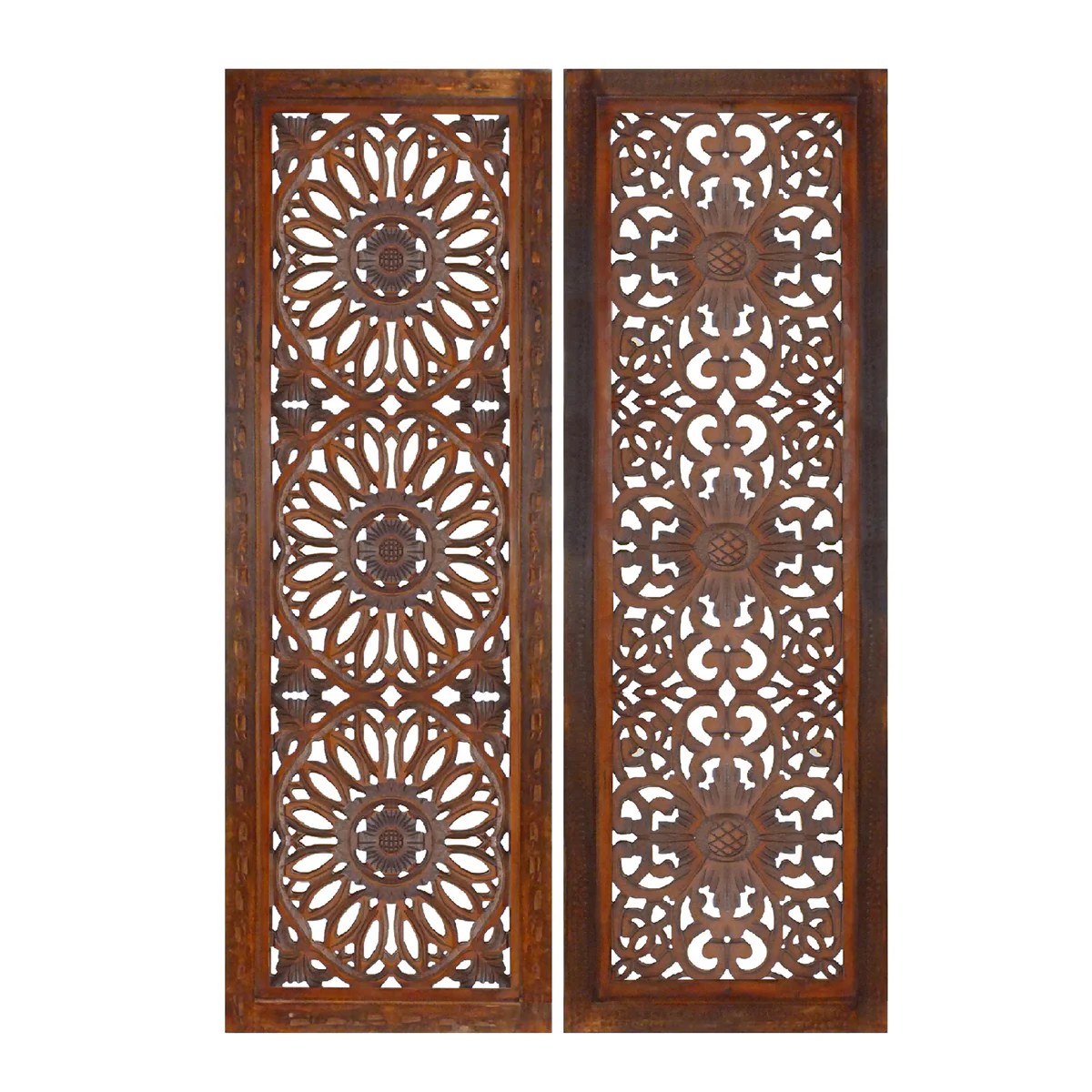 Hand Carved Mango Wood Wall Panel Set (2-Piece), Burnt Brown, Rustic & Traditional Decor, 48x16 Inch, MDF, Wall Art