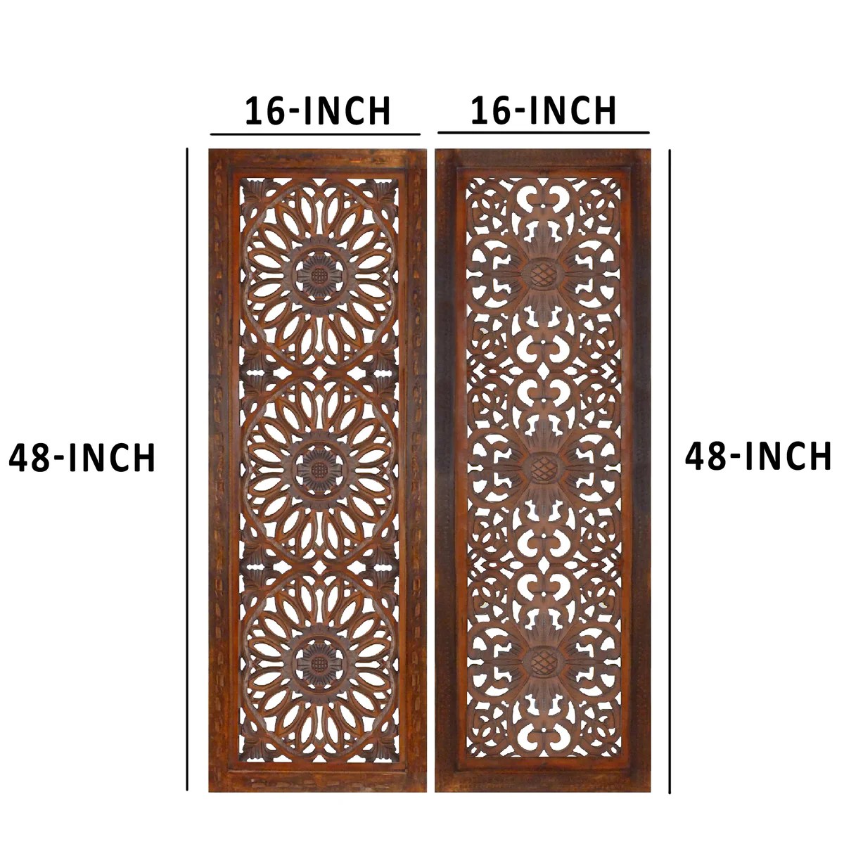 Hand Carved Mango Wood Wall Panel Set (2-Piece), Burnt Brown, Rustic & Traditional Decor, 48x16 Inch, MDF, Wall Art