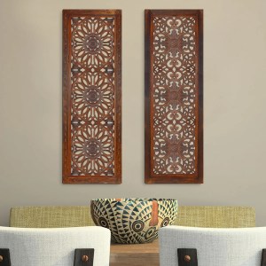 Hand Carved Mango Wood Wall Panel Set (2-Piece), Burnt Brown, Rustic & Traditional Decor, 48x16 Inch, MDF, Wall Art