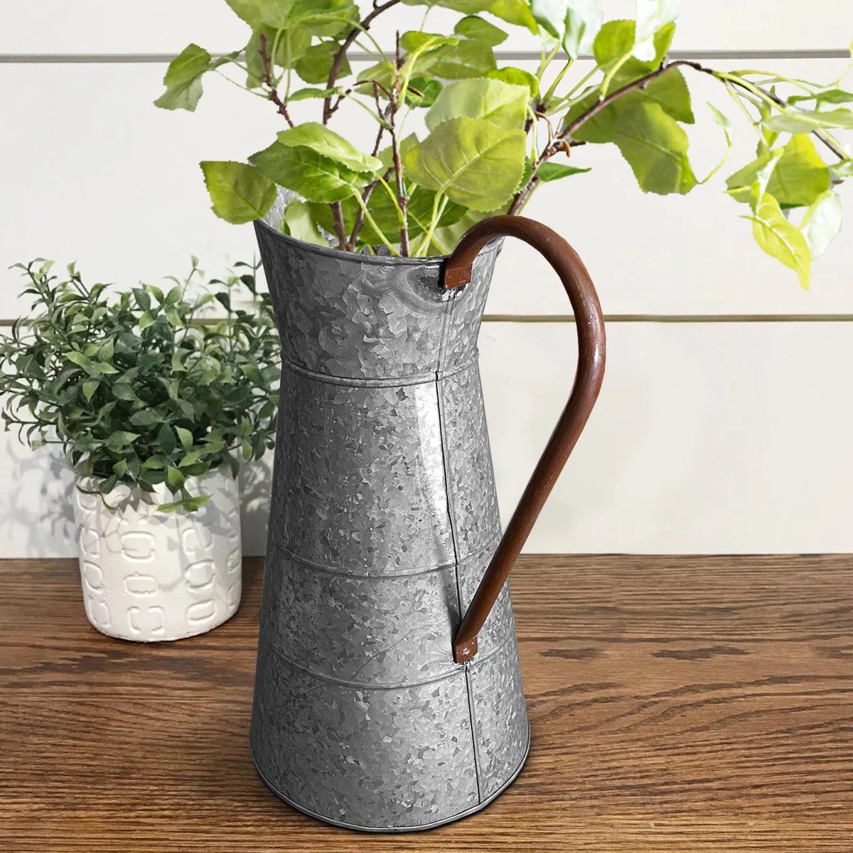 Gray Galvanized Metal Farmhouse Jug, 16" Tall Watering Can Vase with Handle, Country Decor, Kitchen & Dining Decor, Rustic Metal Flower Vase, BM02378