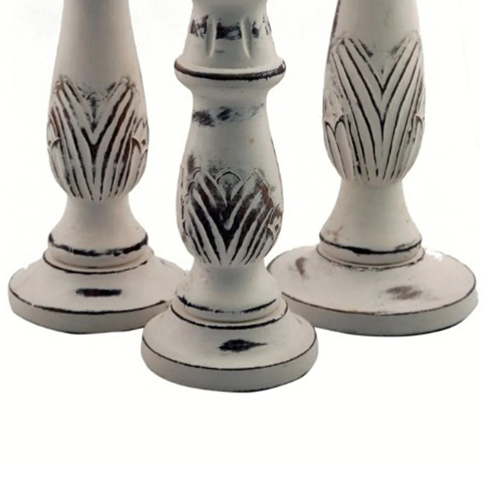 Taki Distressed White Mango Wood Pillar Candle Holders Set of 3 - 18", 15", 12"  Hand-Carved Wooden Candle Stands for Home Decor