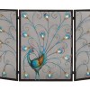 Peacock Fireplace Screen, 3 Panel Metal, Multicolor, Foldable