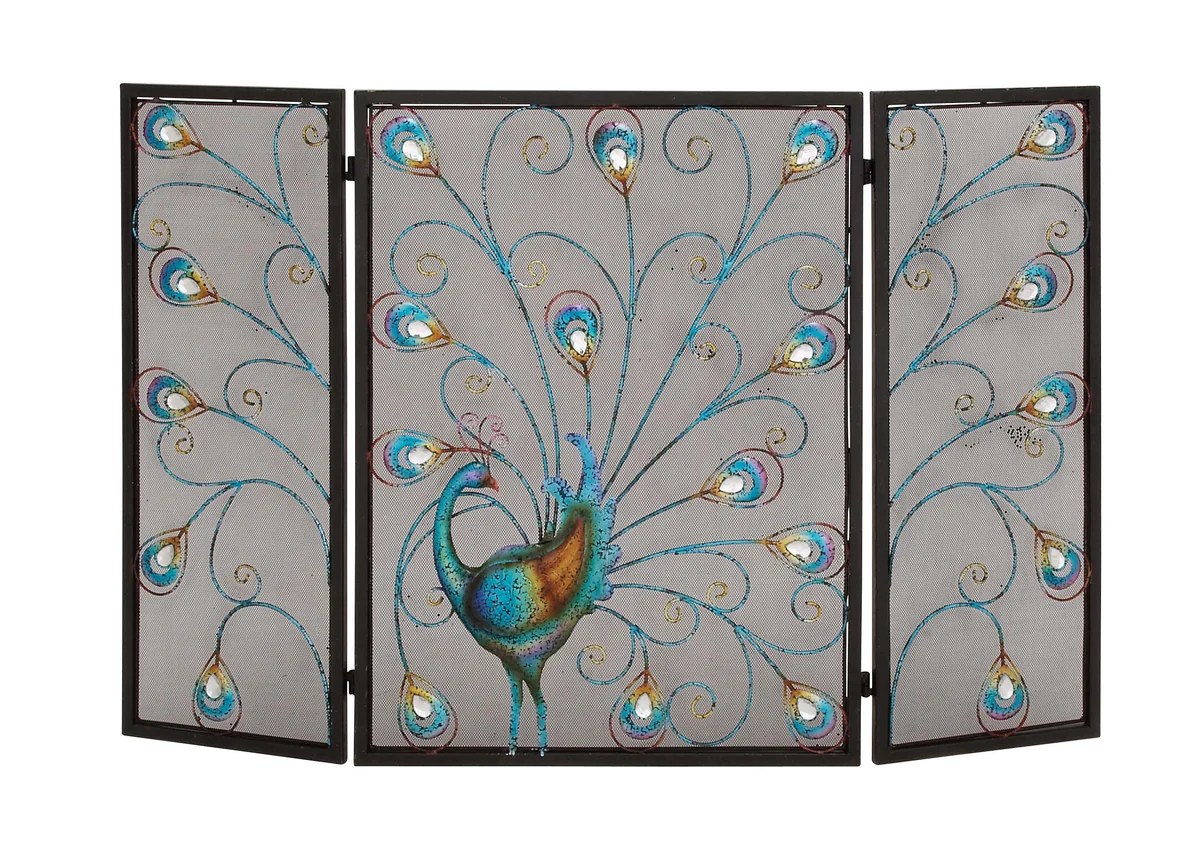 Peacock Fireplace Screen, 3 Panel Metal, Multicolor, Foldable