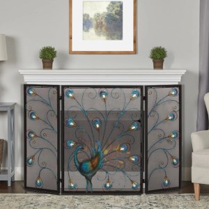 Peacock Fireplace Screen, 3 Panel Metal, Multicolor, Foldable