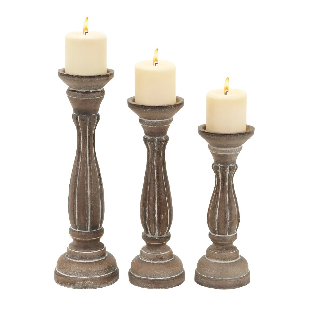 Taki Rustic Wooden Pillar Candle Holders Set of 3 - Distressed Brown - Handcrafted Wood & Iron - Tapered Design - Home Decor