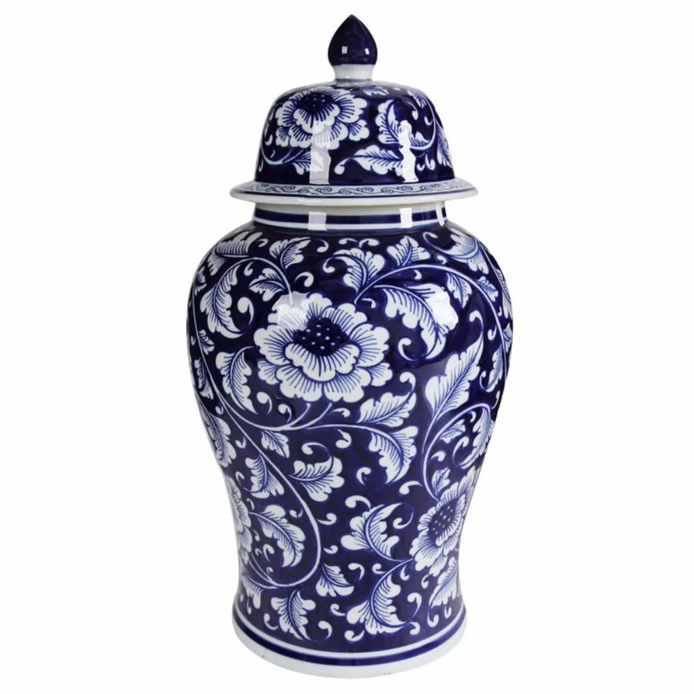Kipp Blue & White Ceramic Floral Ginger Jar with Lid - Decorative Temple Jar, Kitchen Storage, Home Decor, 18"H