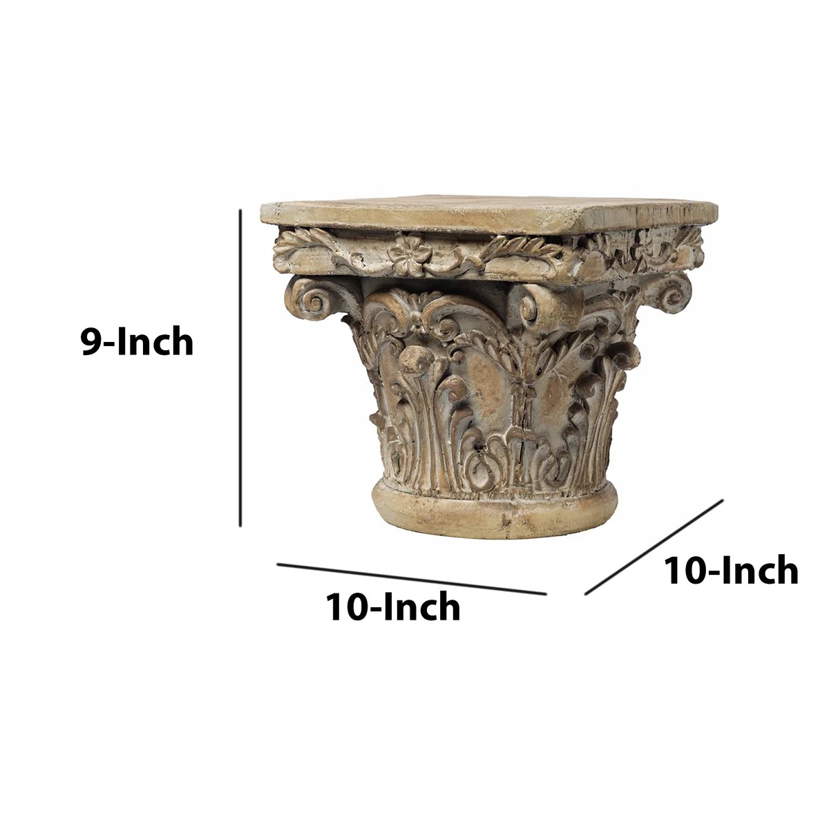Traditional Resin Pedestal, Weathered Brown, Acanthus Leaf Scroll Design, Decorative Tabletop Stand, 10x10x9 Inches