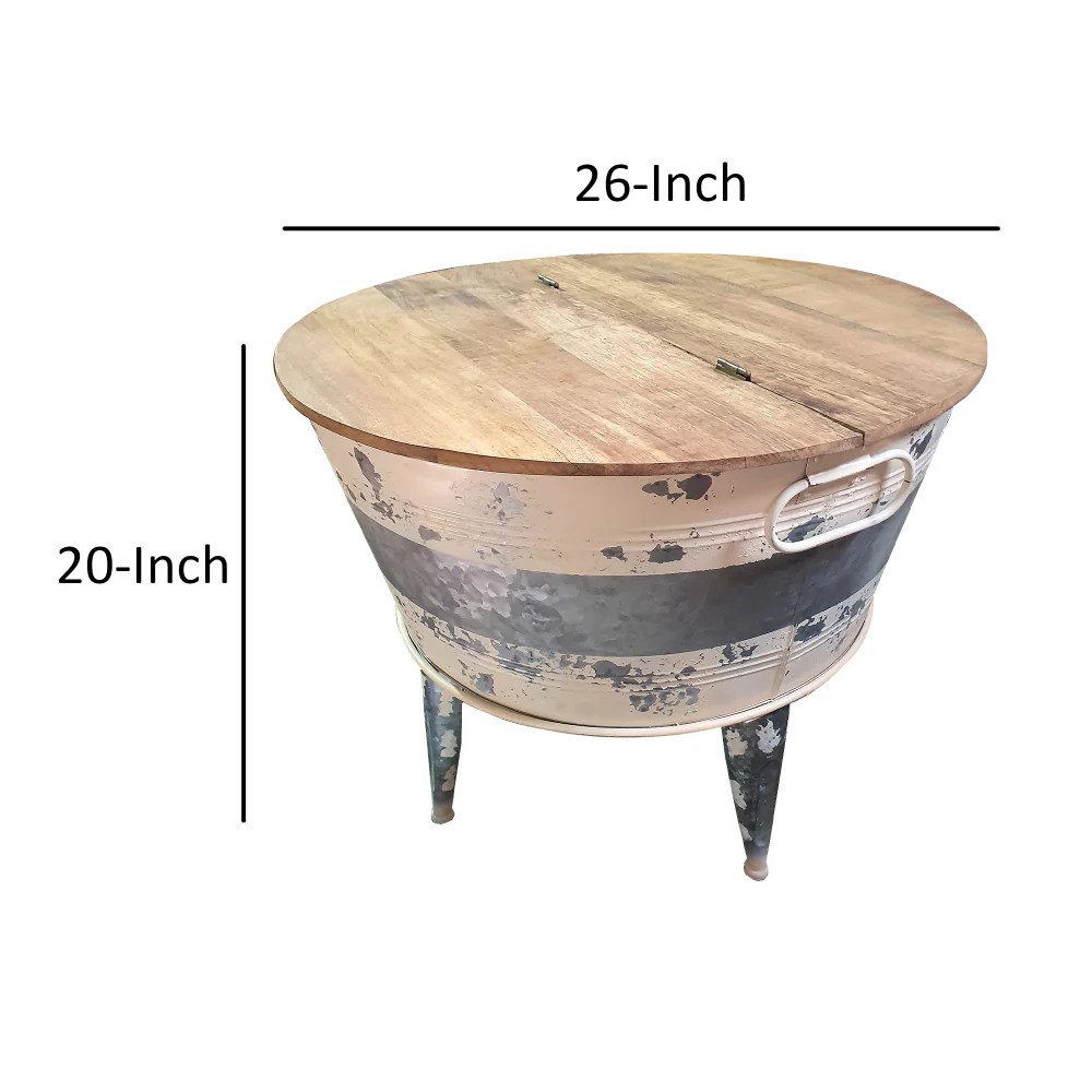 Vintage Farmhouse Round Cocktail Table with Lift-Top Storage, Brown & Gray, 26 Inch, Iron Tub Base