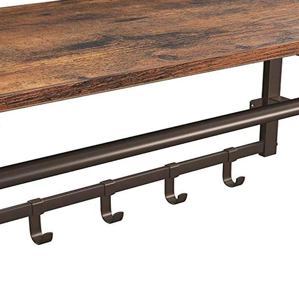 Rustic Brown Industrial Wall Mount Coat Rack with Shelf & 5 Hooks - Metal & Wood Entryway Organizer - 26 Inch