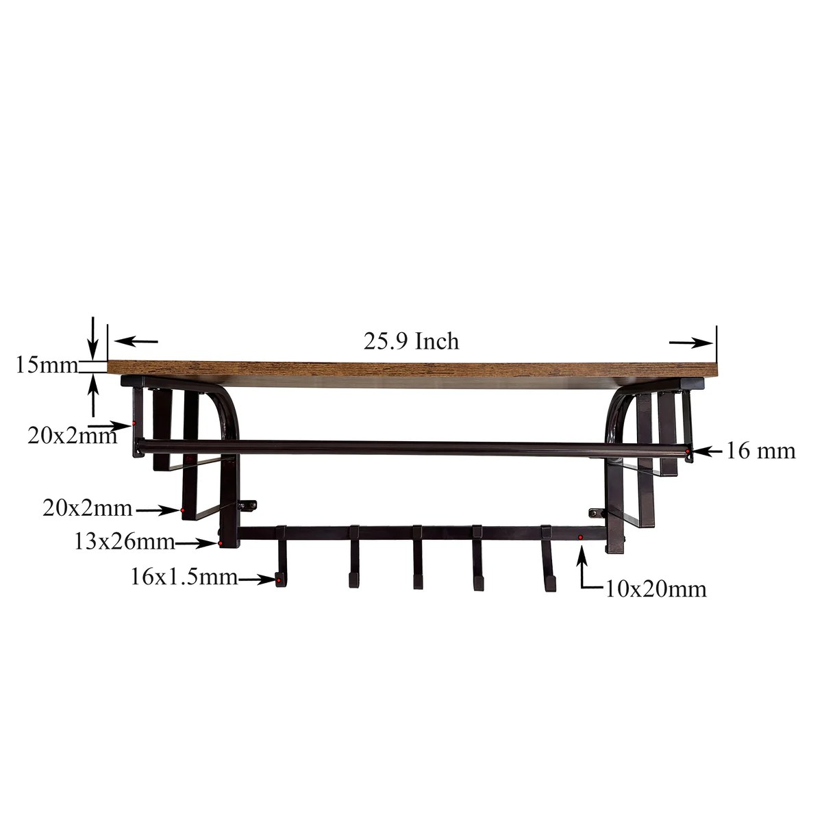 Rustic Brown Industrial Wall Mount Coat Rack with Shelf & 5 Hooks - Metal & Wood Entryway Organizer - 26 Inch