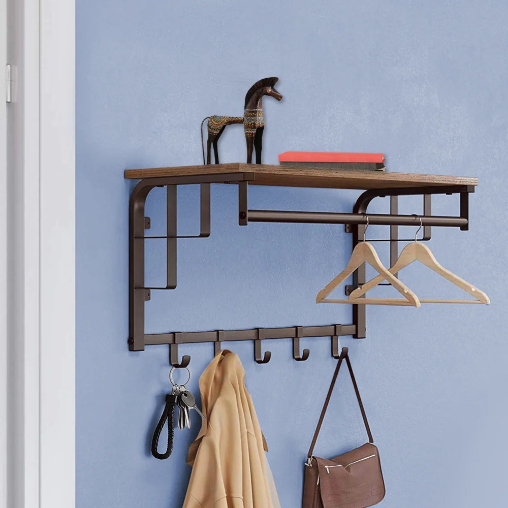 Rustic Brown Industrial Wall Mount Coat Rack with Shelf & 5 Hooks - Metal & Wood Entryway Organizer - 26 Inch